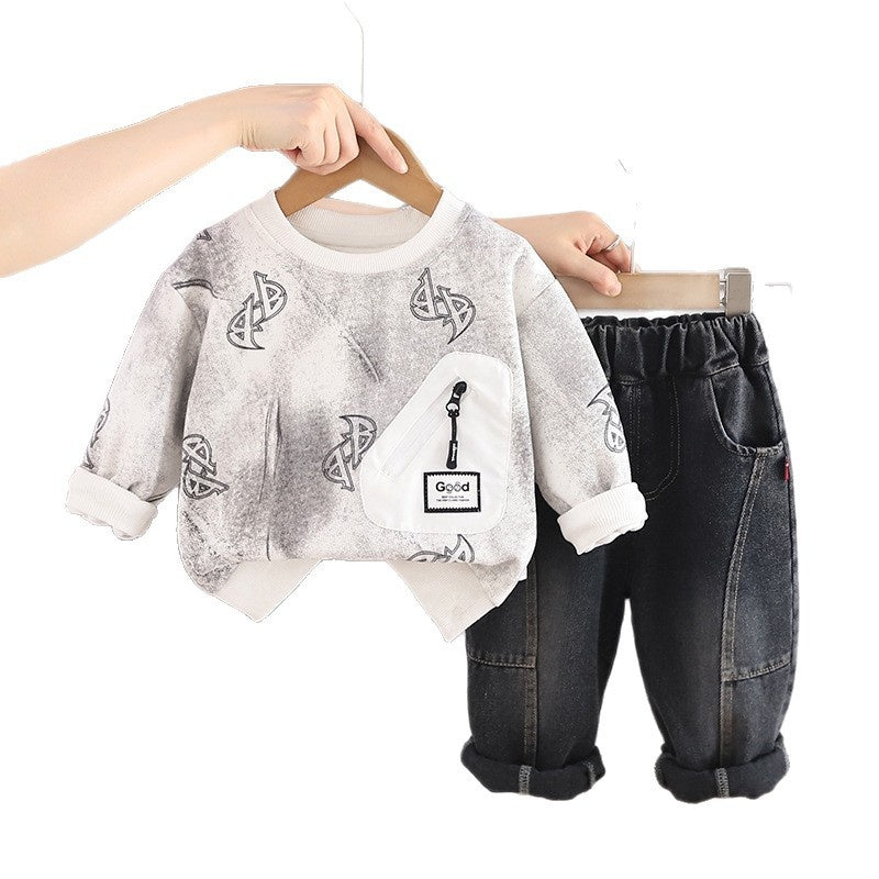 Outfit 2026 New Children's Zipper Pocket Sweatshirt Boys' Spring and Autumn Sports Casual Two-Piece Set