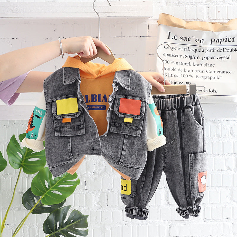 Boys' Clothing Spring and Denim Vest Three-Piece Set Children's Clothes Baby Autumn Outfit 0-1-2 Years Old Trendy