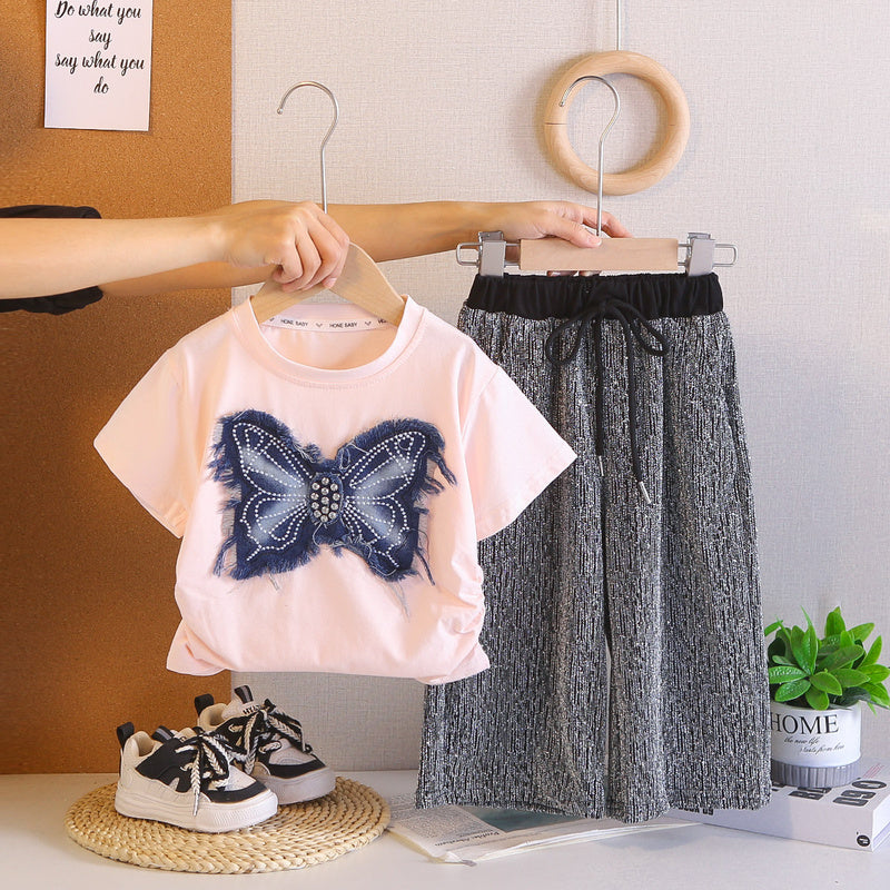 Girls' Outfit 2026 New Fashionable Children's Stylish Baby Girl Summer Dress with Butterfly Rhinestone Short Sleeve Two-Piece Set