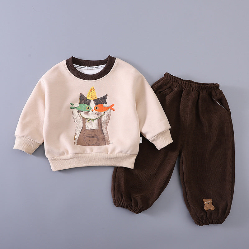 Boys' stylish kitten sweatshirt two-piece set, baby's autumn cool toddler cartoon clothing, trendy infant wear