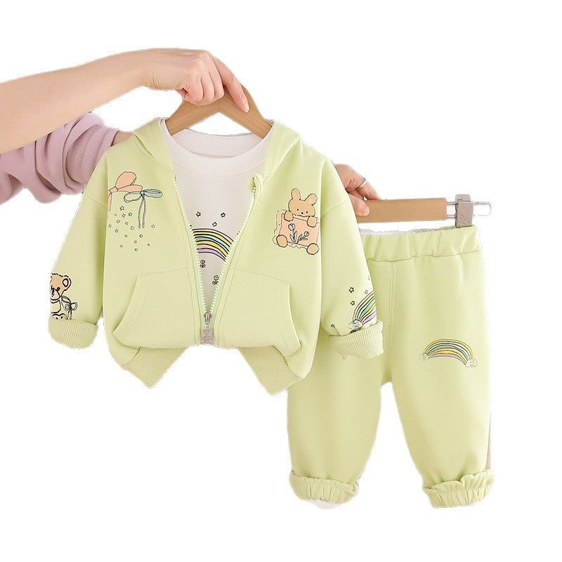 Girls' Outfit 2026 New Fashionable Rainbow Rabbit Hoodie Three-Piece Set Baby Spring Clothes Infant Trendy