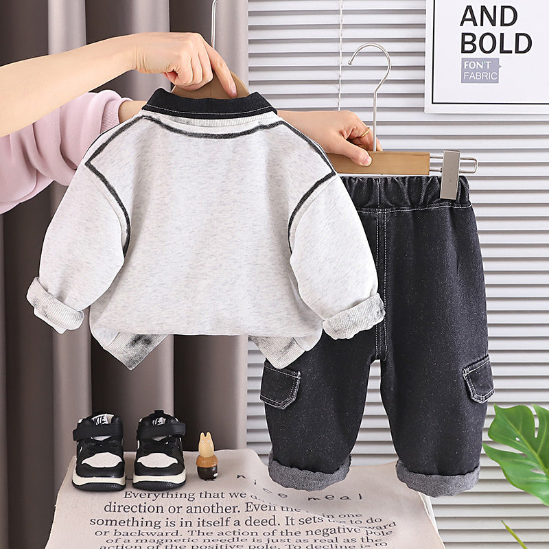 Boys' Outfit 2026 New Fashionable Children's Letter Print Turn-down Collar Long Sleeve Spring and Autumn Two-piece Set Trendy