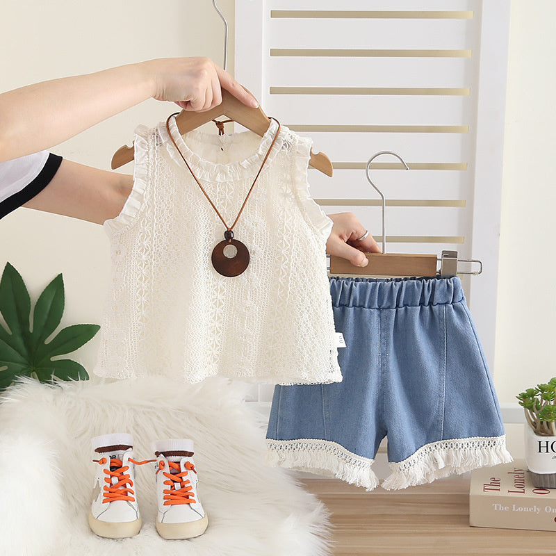 Girls' Summer Jacquard Vest 2026 New Fashionable Children's Baby Girl Lace Shorts Two-Piece Set Trendy