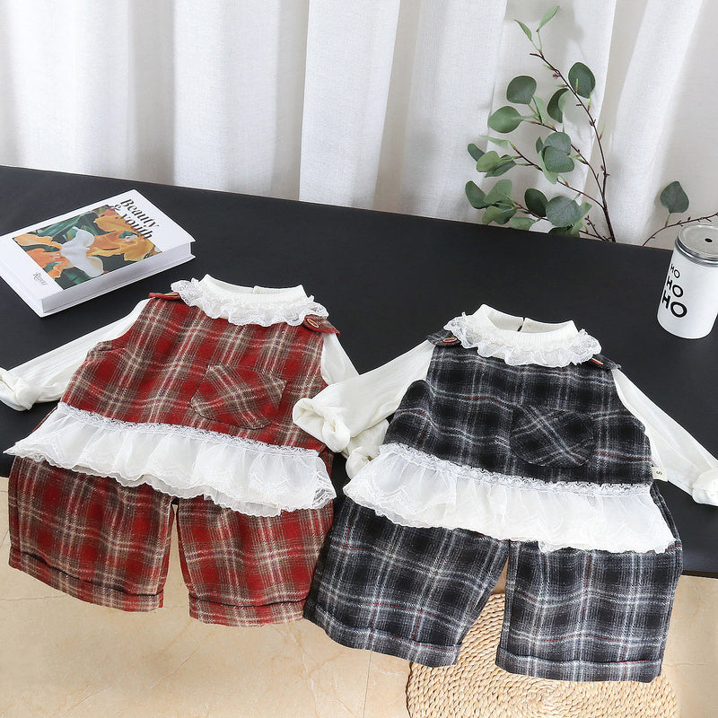 Outfit for Girls 2026 New Autumn Baby Clothes Stylish Large Plaid Vest Three-Piece Set Children's Clothing