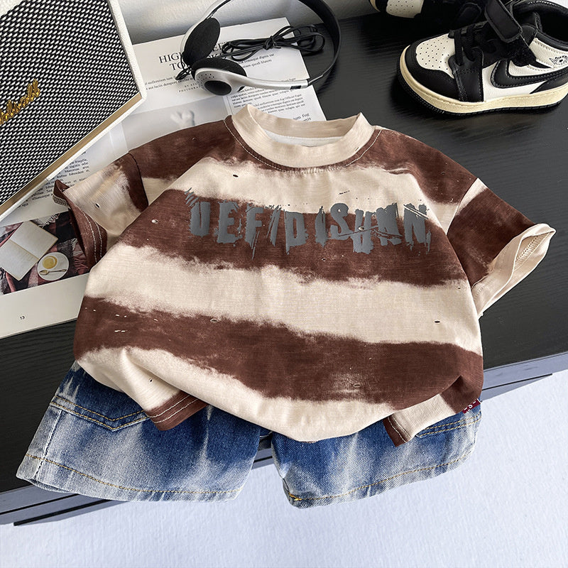 Baby Boy Outfit 2026 New Children's Summer Clothes 1-3 Years Old 5-Stripe Large Letter Short Sleeve Two-Piece Set Trendy