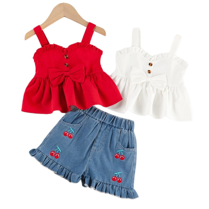 Exclusive for cross-border foreign trade: Girls' summer ruffled camisole top + embroidered denim pocket shorts set