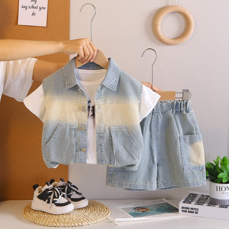 Children's clothing for boys, stylish outfit, baby summer pocket denim short-sleeve clothes, infant casual three-piece set