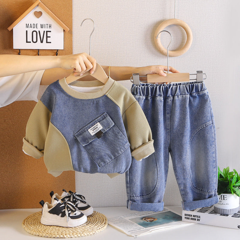 Boys' Outfit 2026 New Baby Boy Large Pocket Sweatshirt Korean Style Casual Children's Spring and Autumn Two-Piece Set