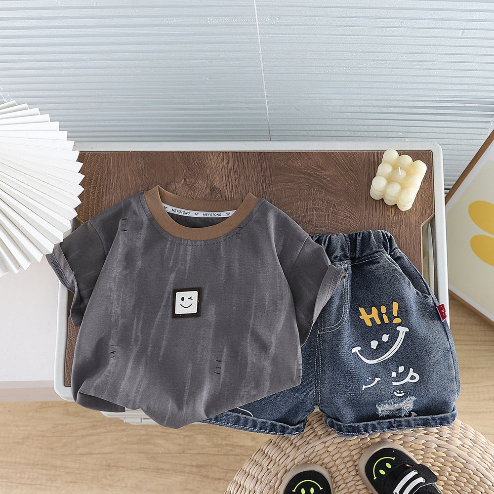 Baby Outfit Set 2026 New Style Boys' Ripped Smiley Face Short Sleeve Shorts Infant Children's Clothing Toddler Summer Fashion