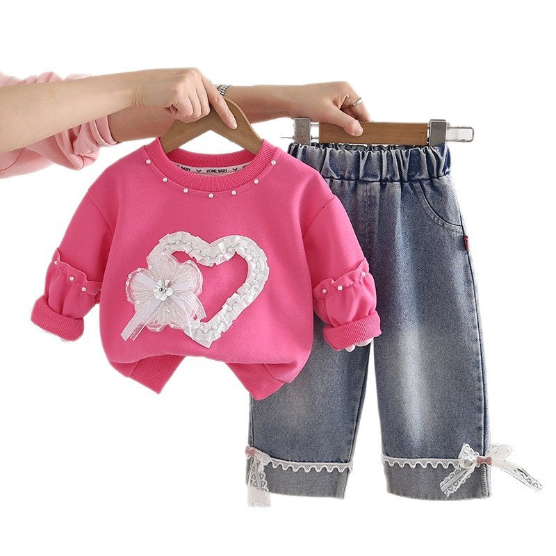 Girls' Outfit 2026 New Fashionable Baby Spring Autumn Heart-Shaped Lace Two-Piece Set for Infants and Girls