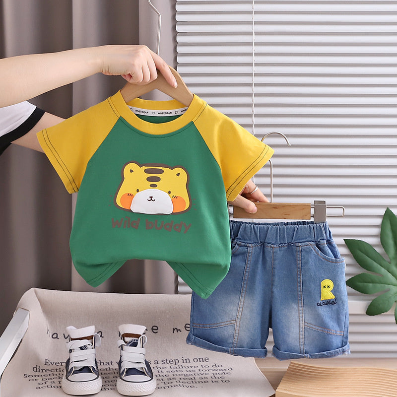 Boys' Outfit 2026 New Korean Style Children's Baby Color-Block Cartoon Short-Sleeve Shorts Two-Piece Summer Fashion Set