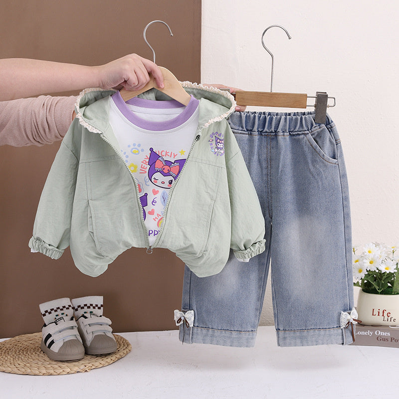 Baby outfit set, stylish children's clothing, toddler girl spring and autumn hooded cartoon jacket three-piece set