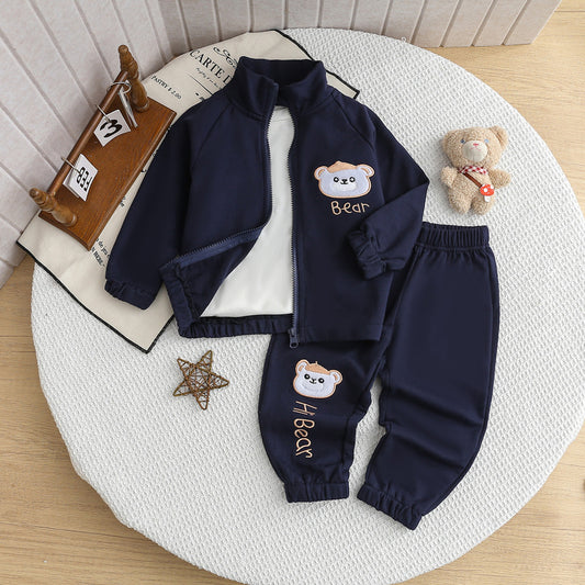 Spring and Autumn New Bear Embroidery Stand Collar Two-Piece Baby Sports Set Children's Clothing