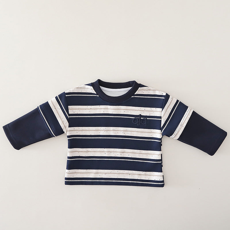 Boys' and autumn stylish outfit, Korean-style round-neck striped clothes, fashionable infant clothing for one-year-old baby spring wear