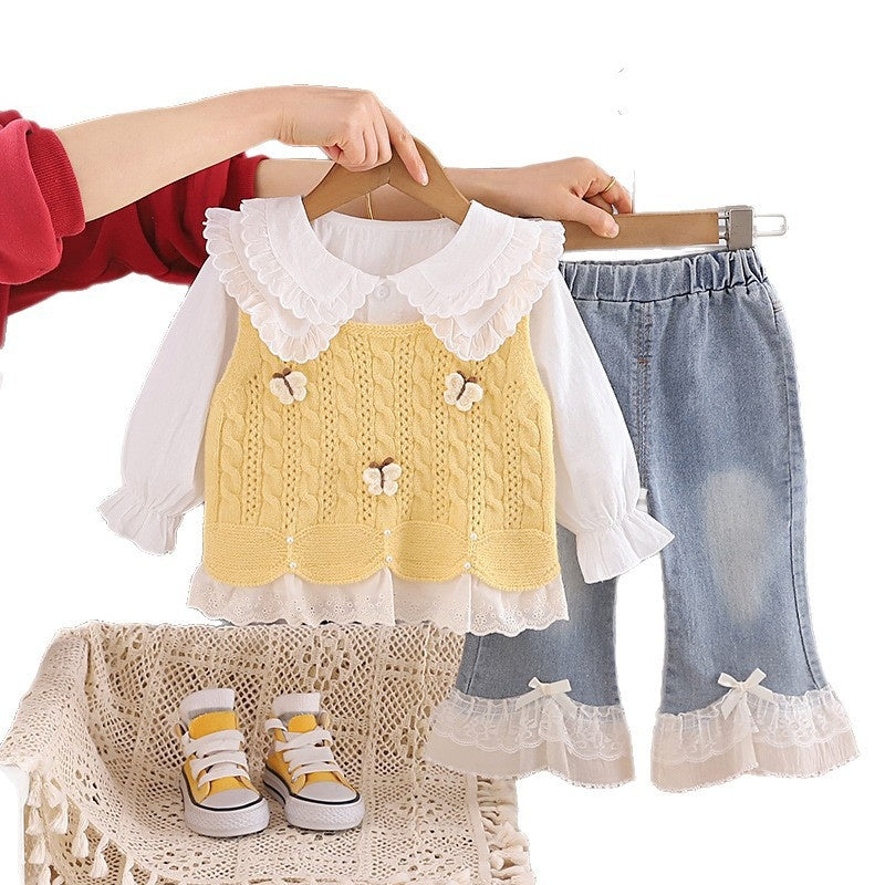 Baby Girl Spring and Autumn Outfit 2026 New Model 3-Piece Butterfly Sweater Set for 1-Year-Old Girls
