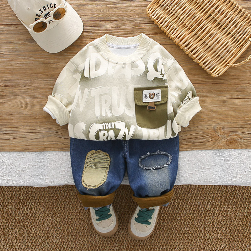 Boys' Outfit 2026 New Children's Spring and Autumn Long-Sleeve Round-Neck Pocket Bear Sweatshirt Two-Piece Set for Toddlers