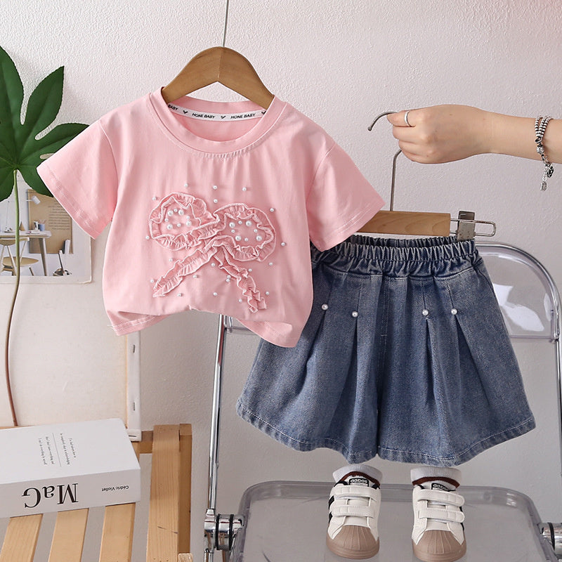 Girls' Stylish Outfit 2026 Summer New Korean Version with Ruffled Bowknot Lace and Pearl Short Sleeve Two-Piece Set for Babies