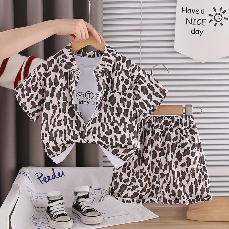 Boys' Short-Sleeve 2026 New Stylish Baby Summer Clothes Fashionable Leopard Print Three-Piece Set for Toddlers