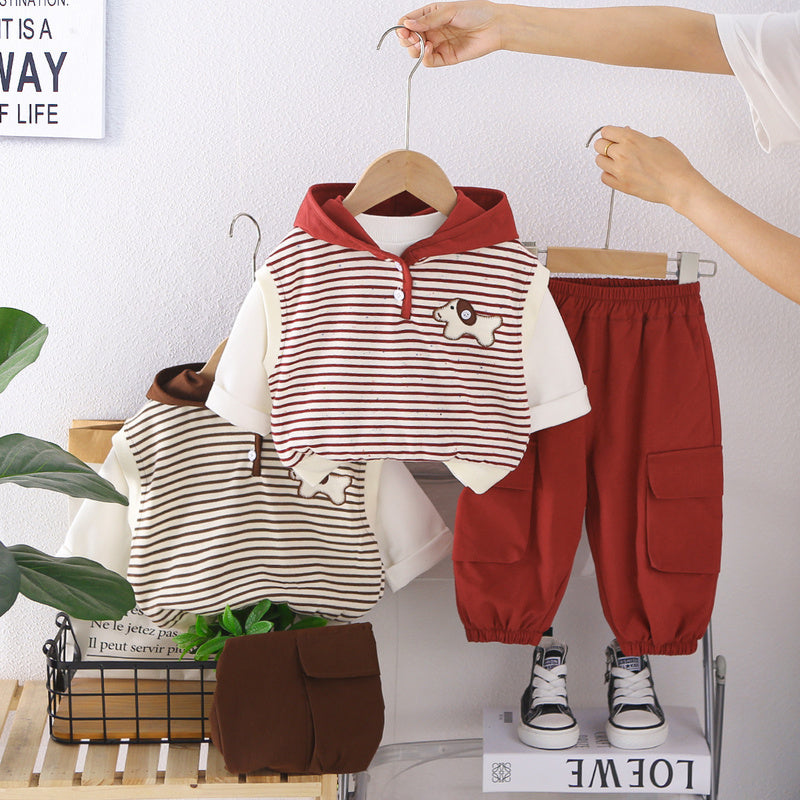 Boys' Suit for 2026 New Stylish Baby Clothes Spring and Autumn Striped Puppy Hoodie Three-Piece Set
