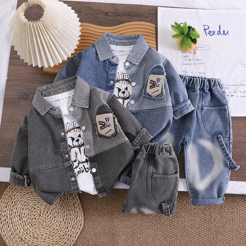 Boys' Suit 2026 New Stylish Spring and Autumn Outfit Children's Fashionable Baby Turn-down Collar Denim Bear Three-piece Set