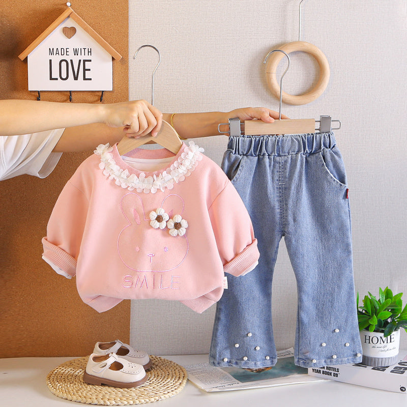 Girls' Floral Sweatshirt Set 2026 New Autumn Two-Piece Outfit Trendy Baby Casual Sportswear Children's Fashion Clothing