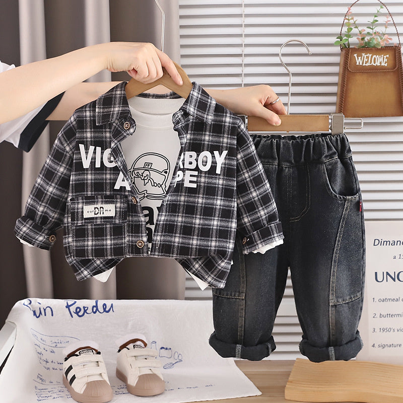 Boys' Autumn Outfit 2026 New Fashionable Stylish Children's Plaid Shirt and Jeans Three-Piece Set