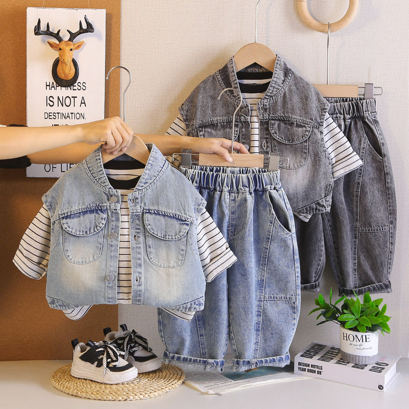 Boy's Trendy Stylish Striped Denim Vest Set 2026 New Model Infant Baby Children's Clothing Boys' Spring and Autumn Outfit