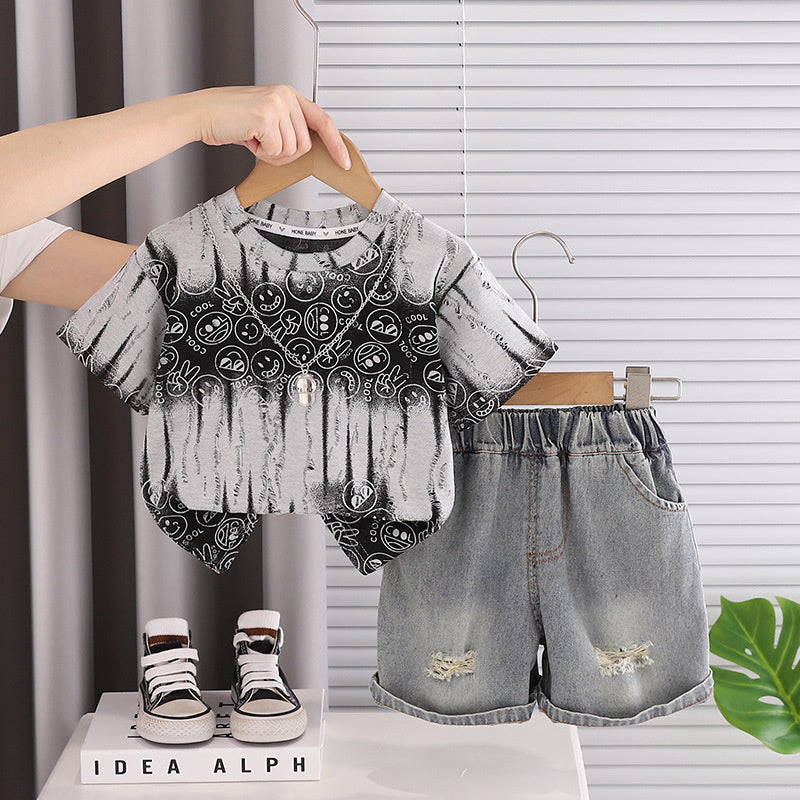 Baby Outfit Set 2026 New Style Boys' Short Sleeve Shorts with Print, Infant Children's Clothing, Stylish Summer Clothes for Little Kids