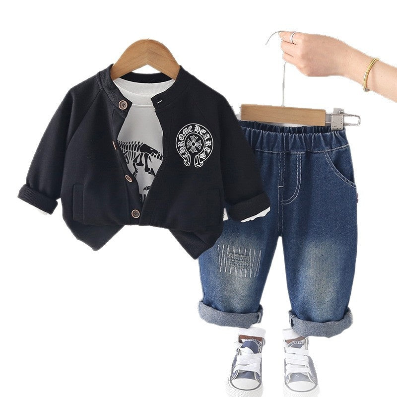 Boys' Spring and Autumn Outfit 2026 New Stylish Baby 1-3 Years Old 5 Knit Cardigan Infant Children's Three-Piece Set Toddler Fashion