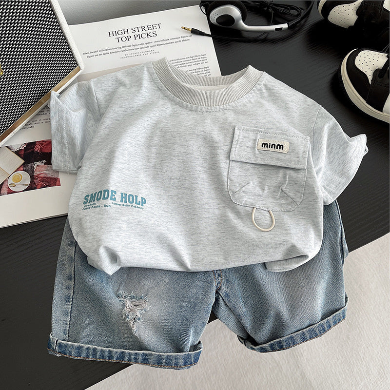 Boys Outfit Letter Pocket Set Baby Summer Sports Children's Clothing Toddler Short Sleeve Stylish 4 Infant 3 Clothes