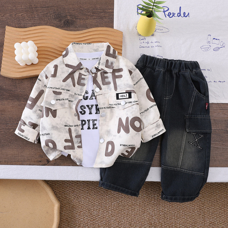 Children's Autumn Outfit 2026 New Style Boys' Stylish Full-Body Letter Print Clothes Toddler Baby Three-Piece Set Wholesale