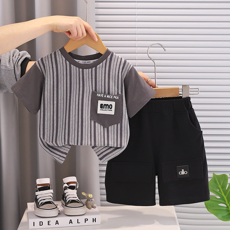 Boys' Outfit 2026 New Style Infant Children's Summer Vertical Stripe Letter Pocket Short Sleeve Two-Piece Set Baby Fashion