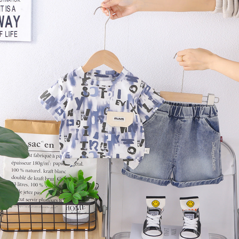 Boys' Outfit 2026 New Model Children's Short Sleeve Two-Piece Set with Pocket Cover, Baby Summer Casual Round Neck Clothes