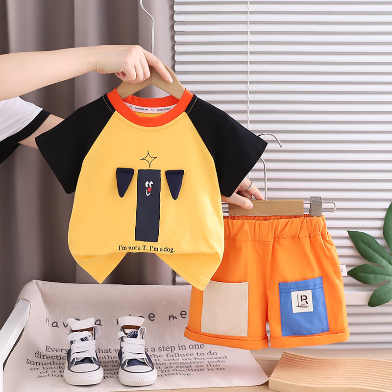 Boys' Summer Short-Sleeve Outfit 2026 New Fashionable Children's Round-Neck Puppy Print Raglan Sleeve Two-Piece Set Trendy