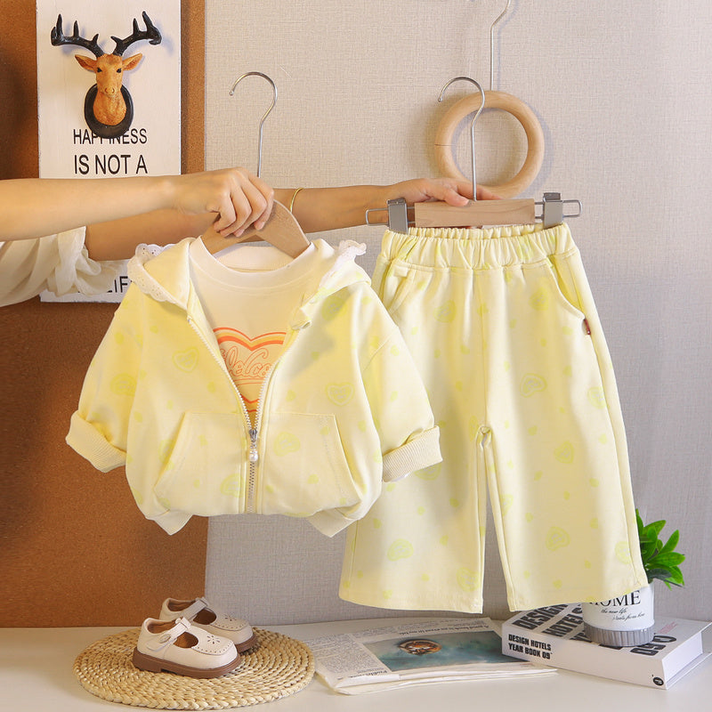 Girls' Spring Autumn Casual Heart-Shaped Zipper Three-Piece Set, Stylish Long-Sleeve Outfit for Babies and Young Children