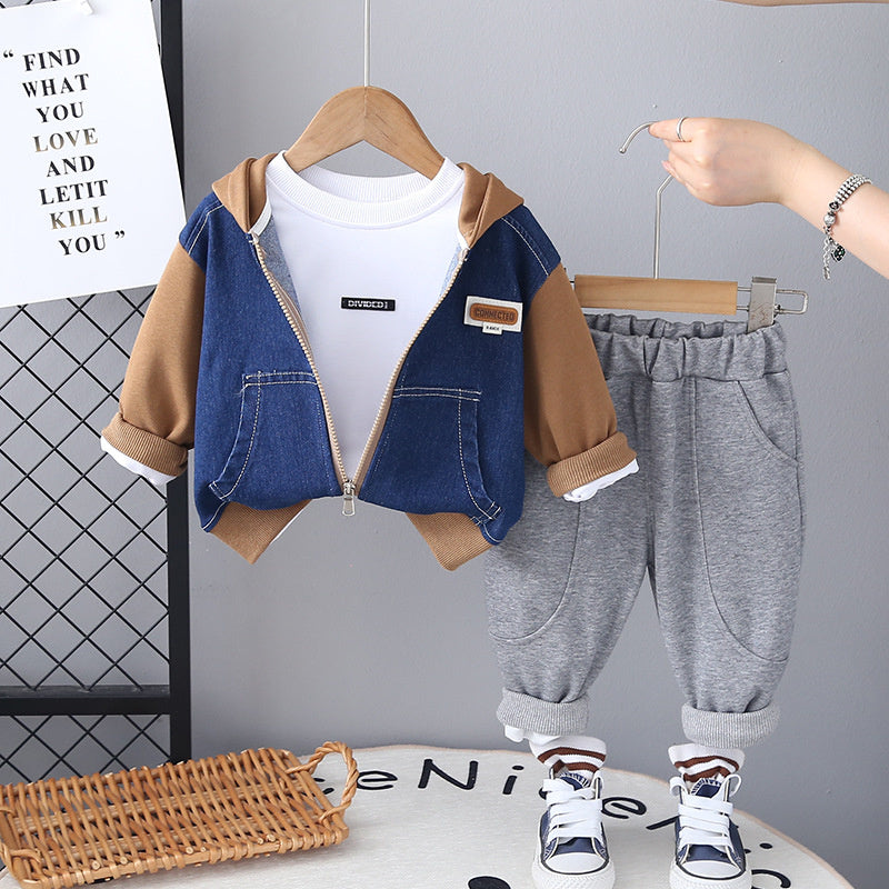 Boys' Outfit 2025 New Stylish Children's Spring and Autumn Baby Korean Style Patchwork Denim Hoodie Three-Piece Set