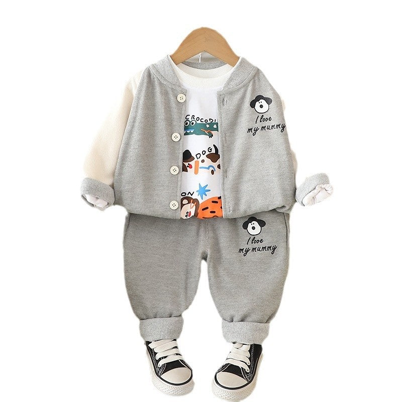 Boys' Outfit 2025 New Children's Cute Apron Puppy Three-Piece Set for 1 to 3 Years Old Baby Spring and Autumn