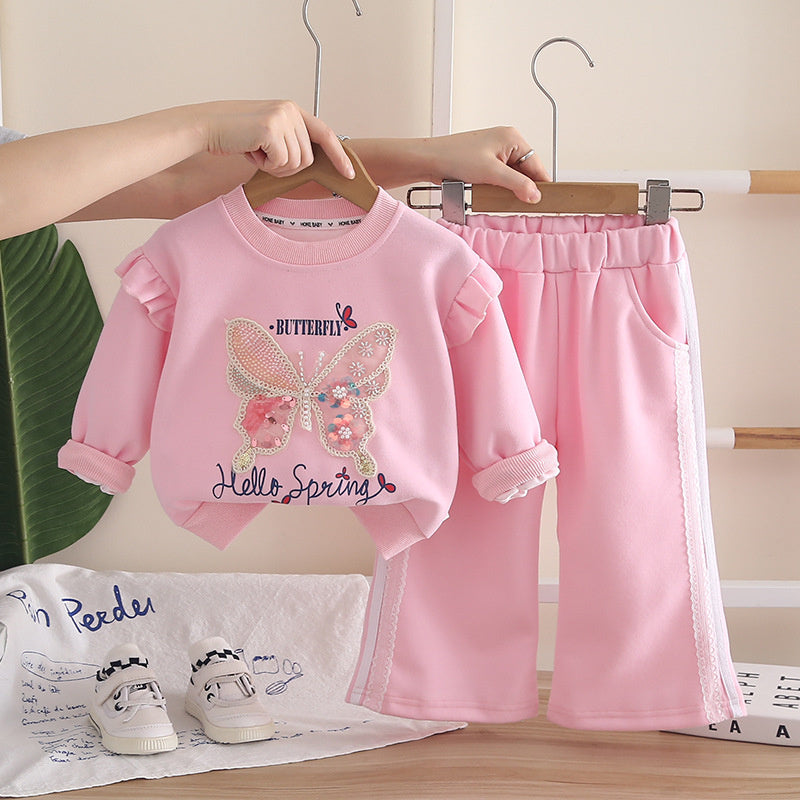 Girls' Spring and Outfit 2026 New Fashionable Baby Girl Autumn Clothing Korean Style Butterfly Sweatshirt Two-Piece Cartoon Trendy Set