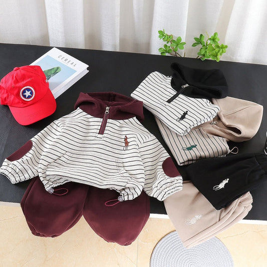 Boys' Outfit 2026 New Style Infant Children's Spring Autumn Striped Hooded Sweatshirt Two-Piece Set for Boys, Stylish and Trendy