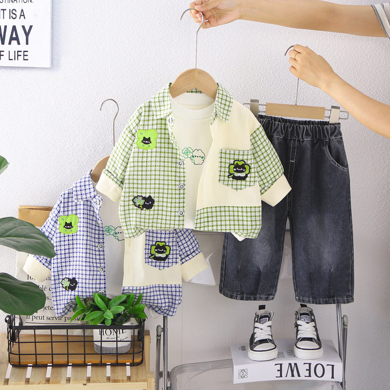 Children's Autumn Outfit Set: Boys' Plaid Patchwork Three-Piece Set, Stylish Long-Sleeve Shirt for Little Kids