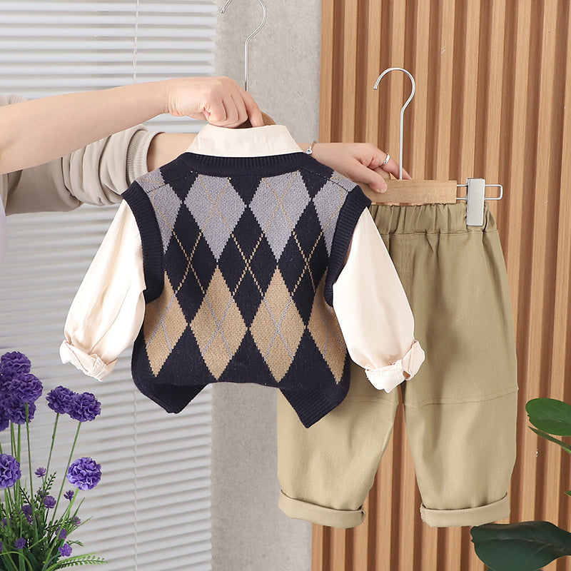Boys' Suit Spring 2024 New Stylish Baby Long Sleeve Diamond Pattern Tie Sweater Vest Three-Piece Set Toddler Trendy