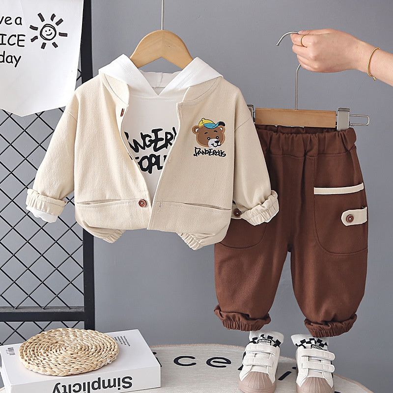 Children's Outfit Boys, Spring Clothing for 1-2-3 Year Olds, Toddler Autumn Outfit, Boy's Bear Hat Set, Baby Three-Piece Trendy Set