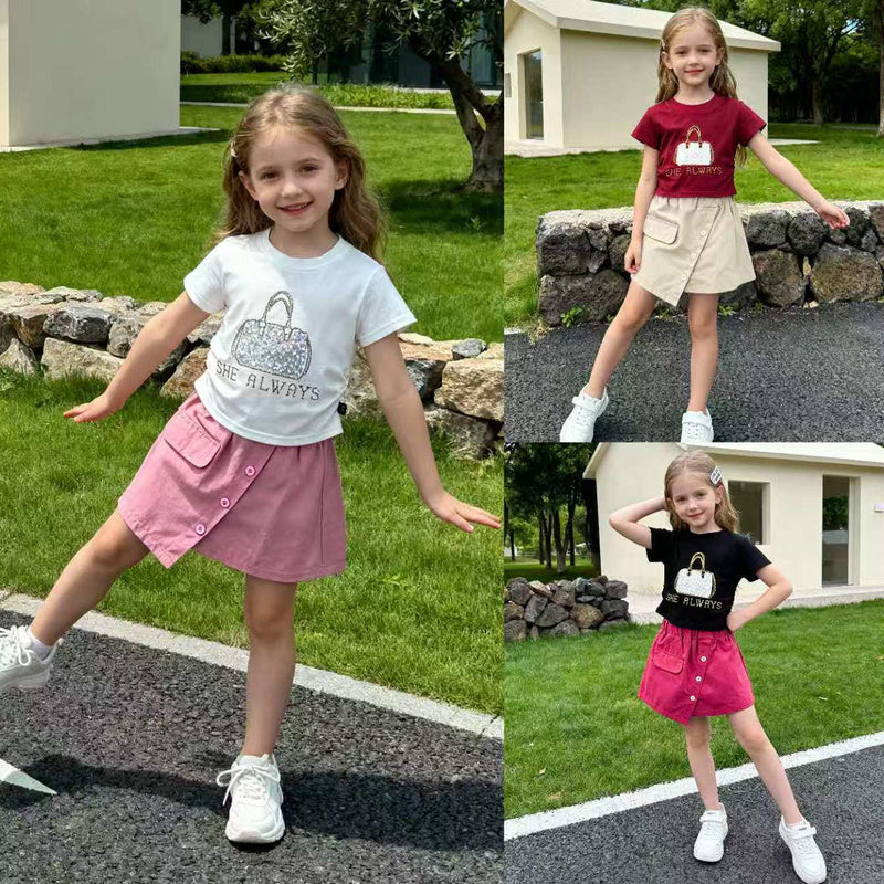 Girls' outfit 2026 new style children's clothing with rhinestone bag, short-sleeved summer fashion, stylish and trendy for baby girls