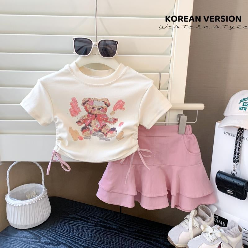 cute girls' t-shirt set, new summer drawstring top, Korean-style sweet and spicy two-piece skirt set