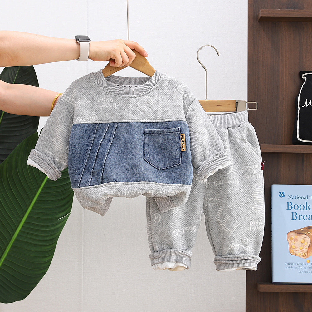 Baby Jacquard Letter Denim Patchwork Sweatshirt 2026 New Model Boys' Spring and Autumn Outfit Set Two-Piece Children's Clothing