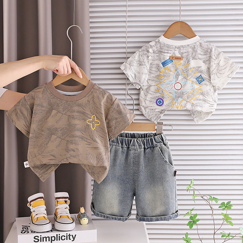 Boys' Outfit 2026 New Stylish Children's Summer Thin Leaf Print Round Neck Short Sleeve Two-Piece Set for Baby Boys