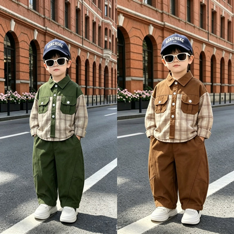 Boys' Outfit 2026 New Style Baby Spring-Autumn Workwear Color-Block Shirt Two-Piece Set Children's Trendy Autumn Clothes
