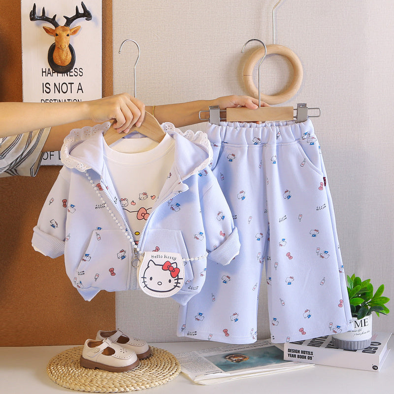 Girls' Spring and Outfit 2026 New Fashionable Girl Three-Piece Set with Kitten Crossbody Bag Trendy Autumn Clothing for Baby Girls