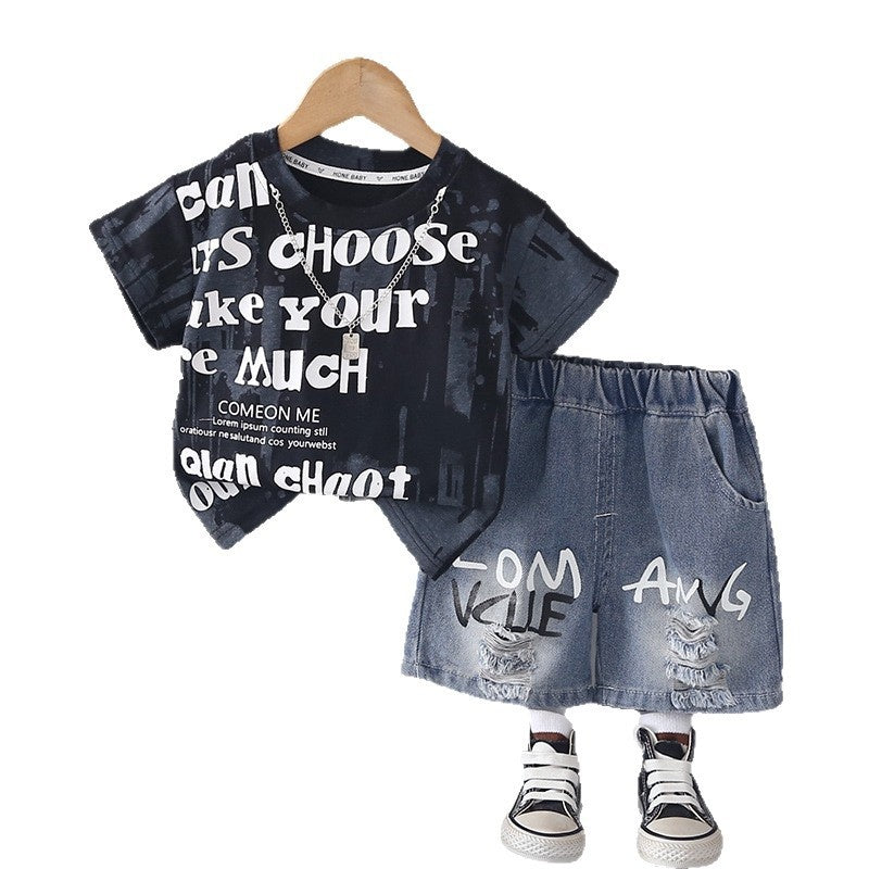 Boys' Outfit 2026 New Style: Toddler Summer Tie-Dye Letter Print Short Sleeve Shorts Two-Piece Set, Stylish and Trendy for Babies