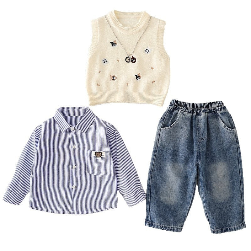 Boys' Sports Outfit 1-3 Years Old Baby Spring and Autumn Cat Sweater Vest Three-Piece Set Infant Toddler Clothing